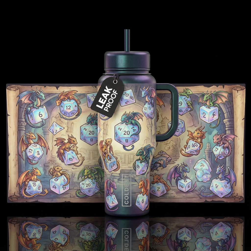 Tiny dragons wrapped around and playing with dnd d... water bottle design