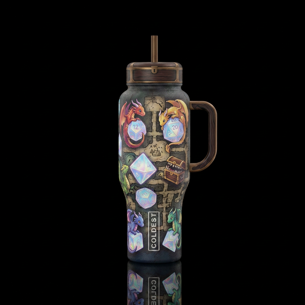 Tiny dragons wrapped around and playing with dnd d... water bottle design