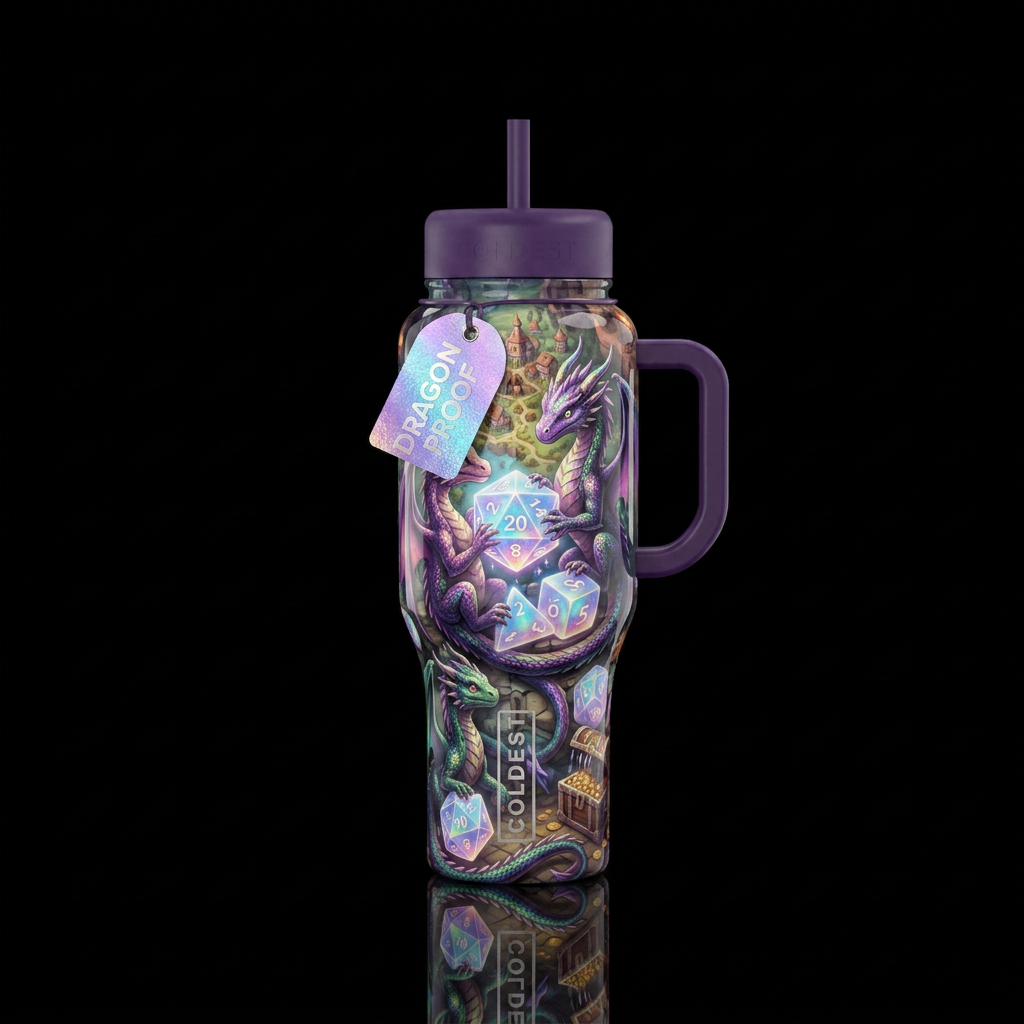 Tiny dragons wrapped around and playing with dnd d... water bottle design
