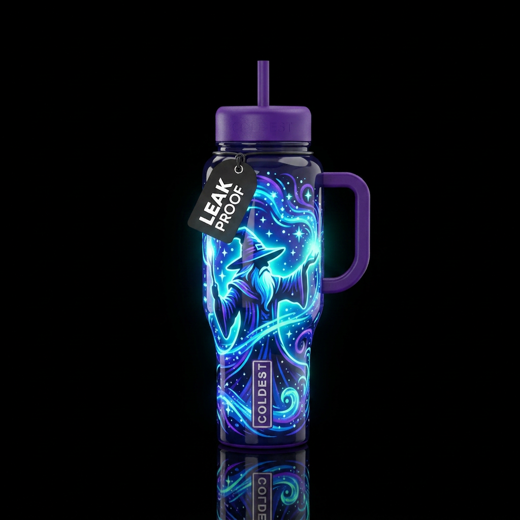 Wizard silhouette, glow in the dark, glossy, tromp... water bottle design