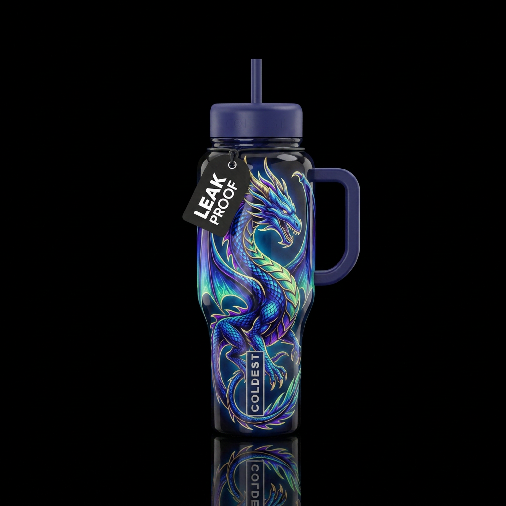 Western Dragon silhouette, glow in the dark, gloss... water bottle design