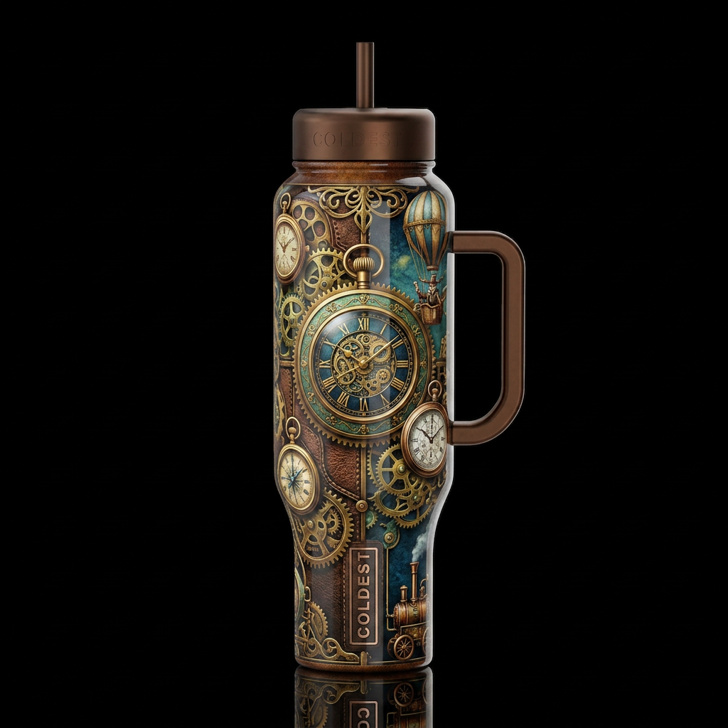 A travler in time, steam punk, glossy, trompe-l'œi... water bottle design
