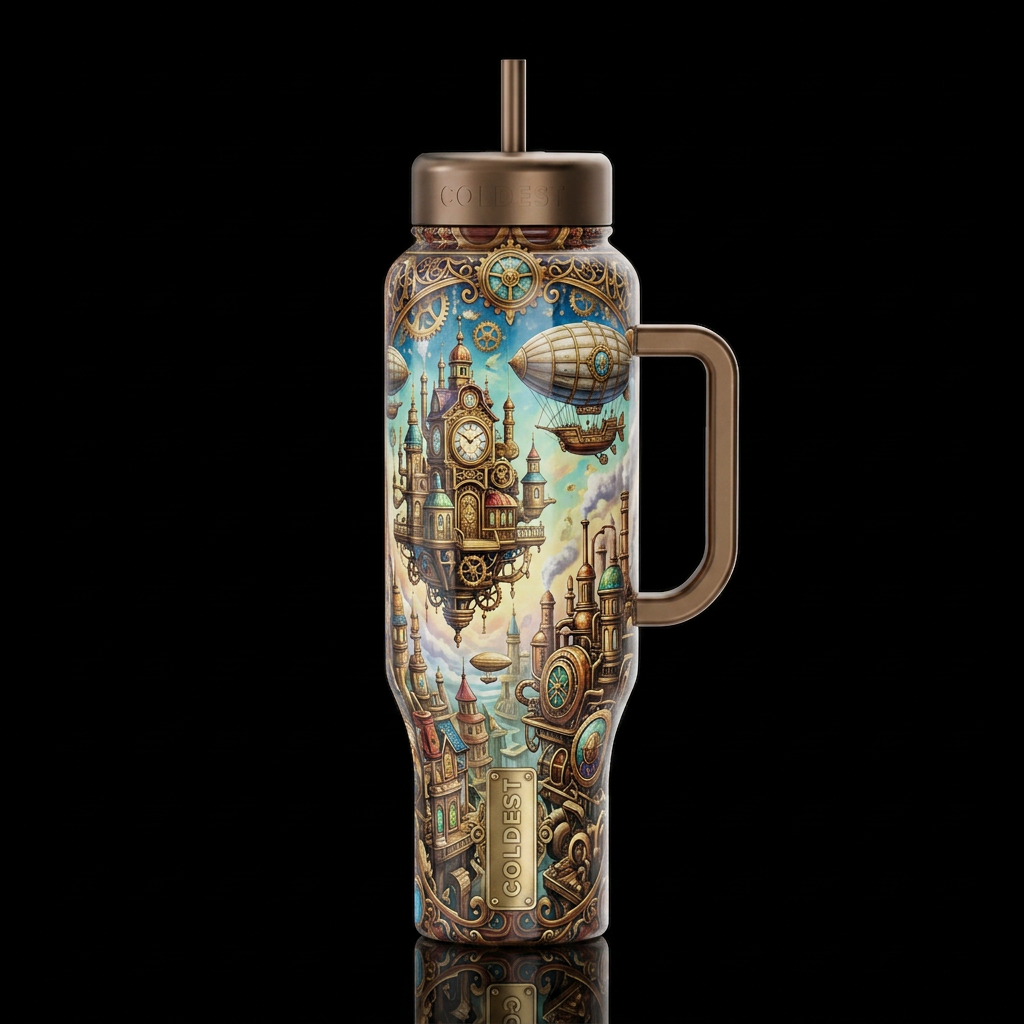A travler in time, steam punk, glossy, trompe-l'œi... water bottle design