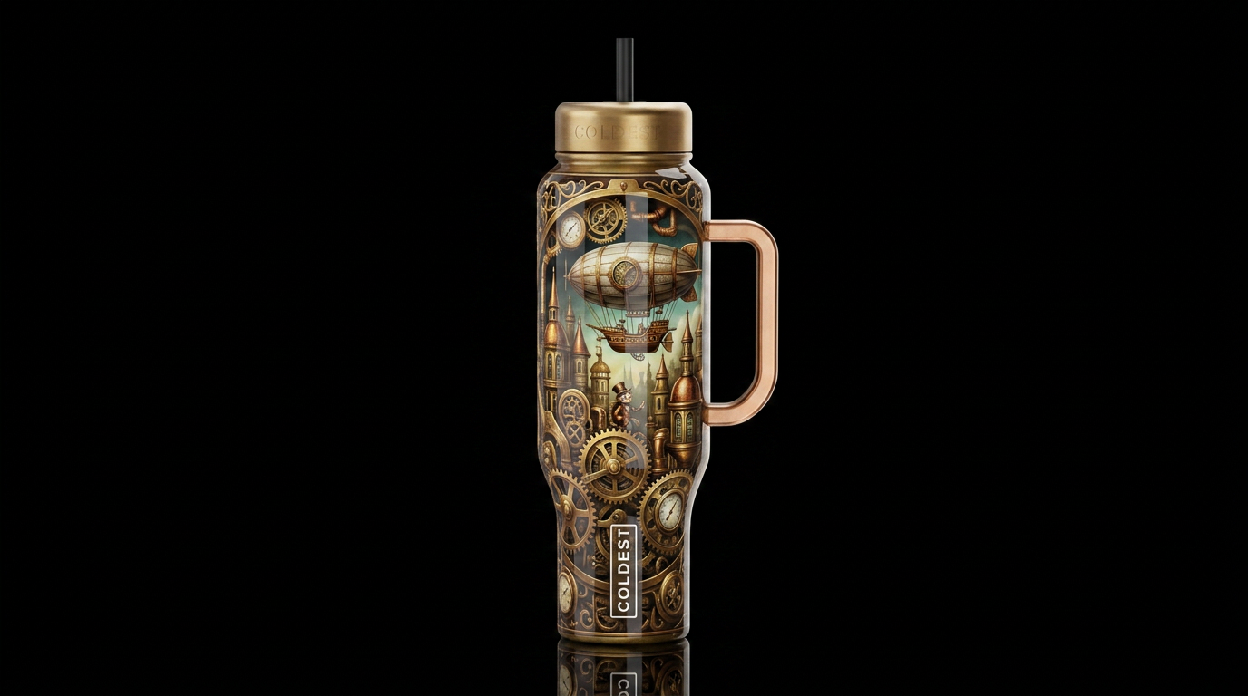 A travler in time, steam punk, glossy, trompe-l'œi... water bottle design