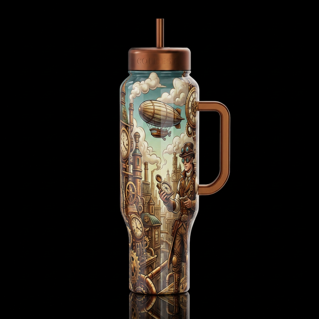 A travler in time, steam punk, glossy, trompe-l'œi... water bottle design