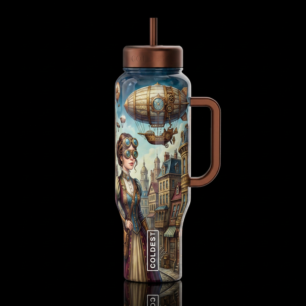 A travler in time, steam punk, glossy, trompe-l'œi... water bottle design