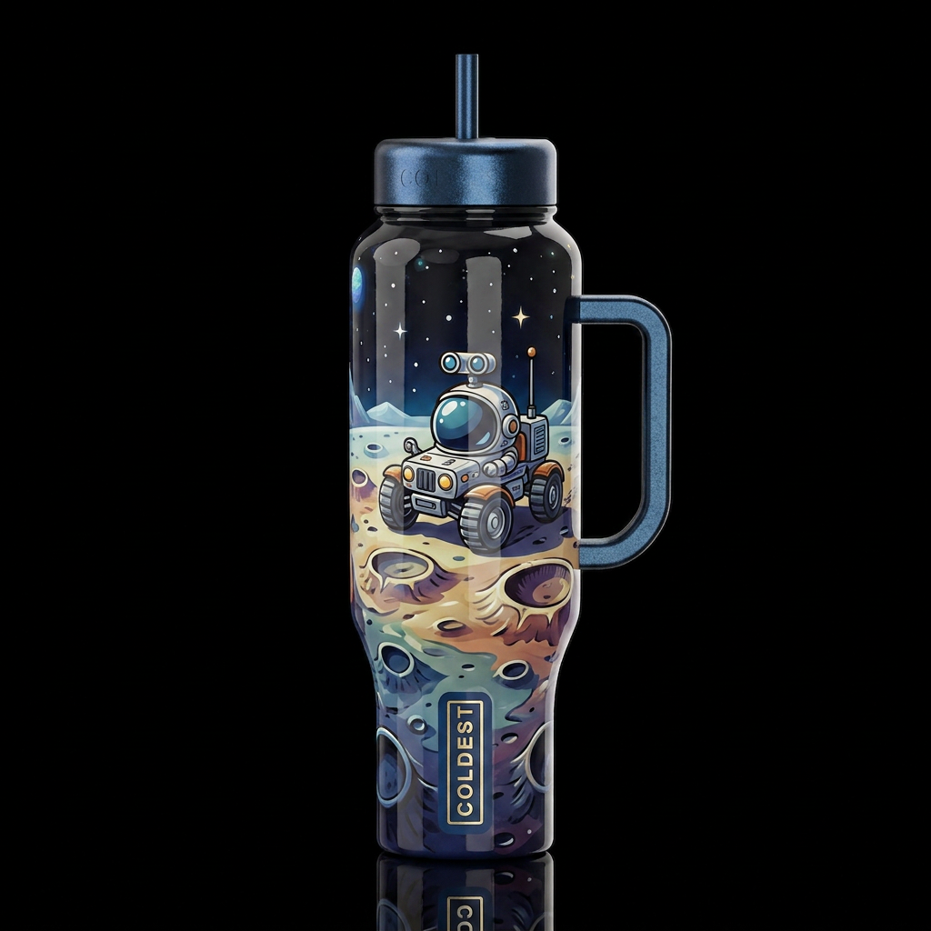 Cartoonish, rover on the moon, craters,glossy, tro... water bottle design