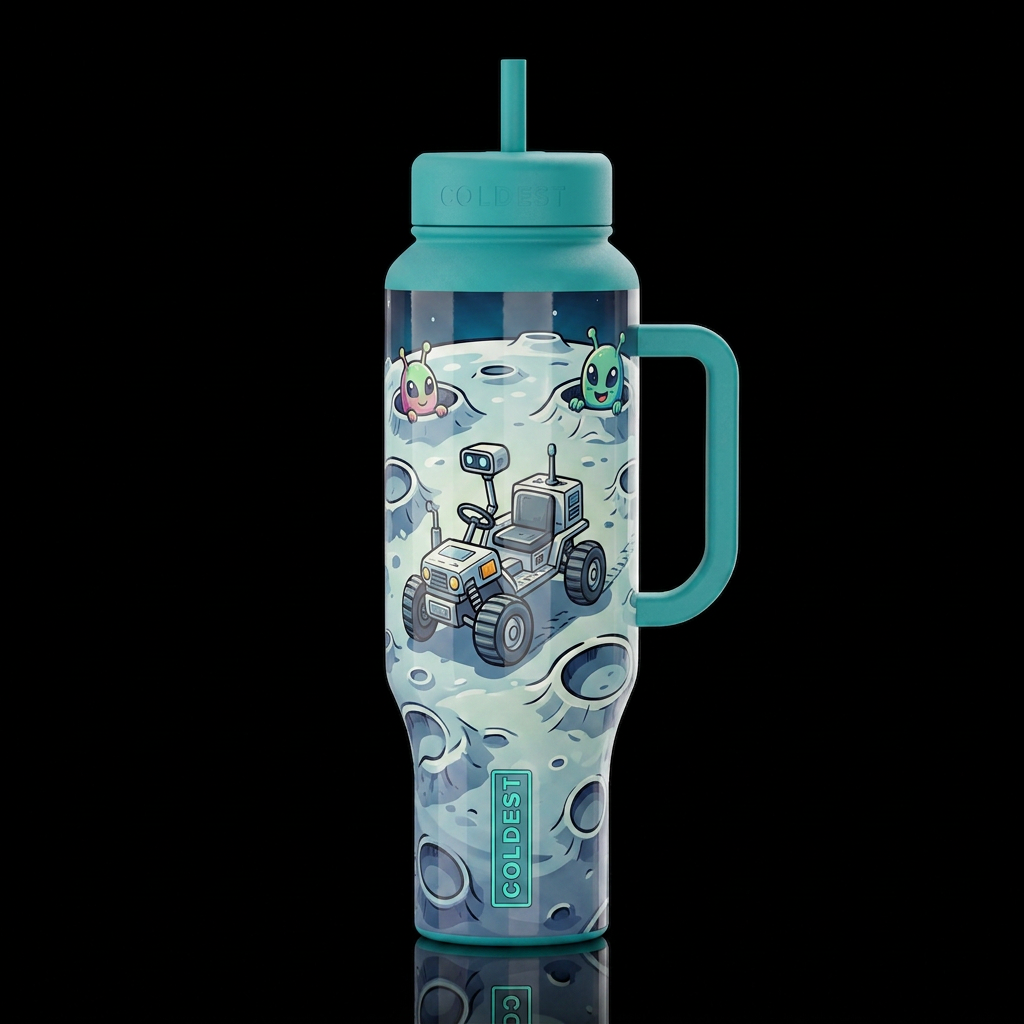 Cartoonish, rover on the moon, craters,glossy, tro... water bottle design
