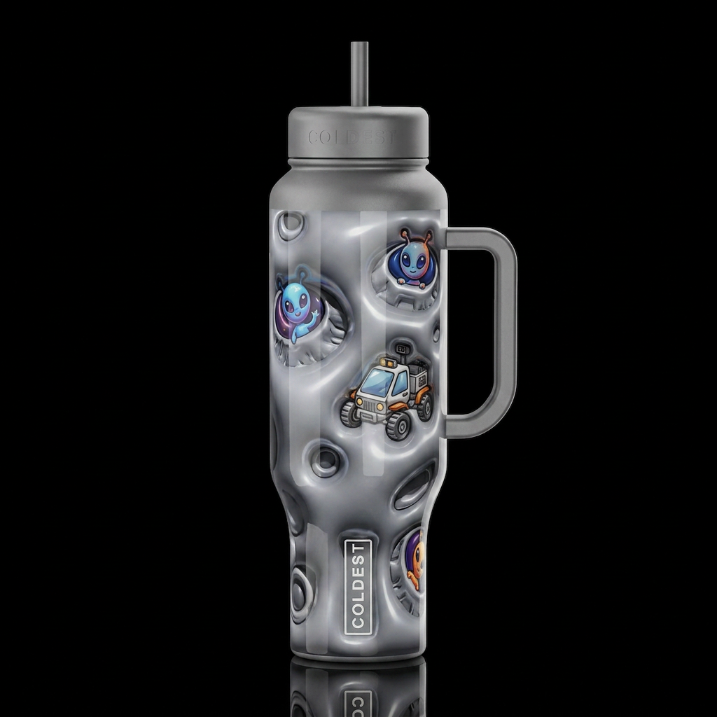 Cartoonish, rover on the moon, craters,glossy, tro... water bottle design