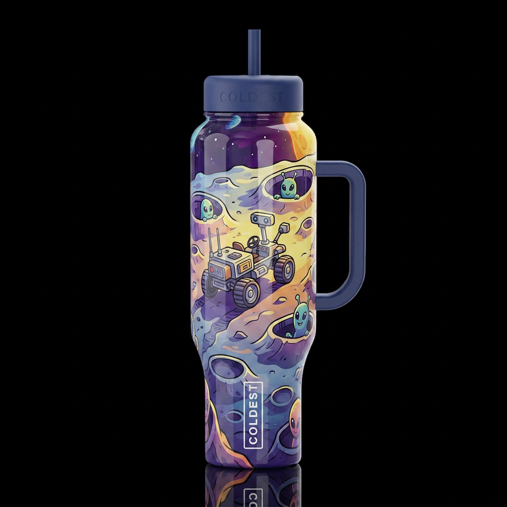 Cartoonish, rover on the moon, craters,glossy, tro... water bottle design