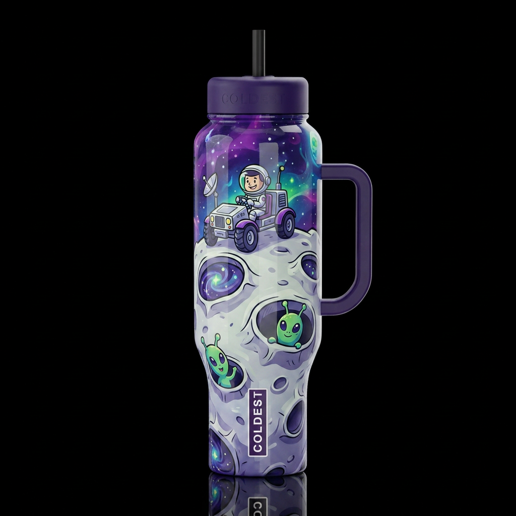 Cartoonish, rover on the moon, craters,glossy, tro... water bottle design