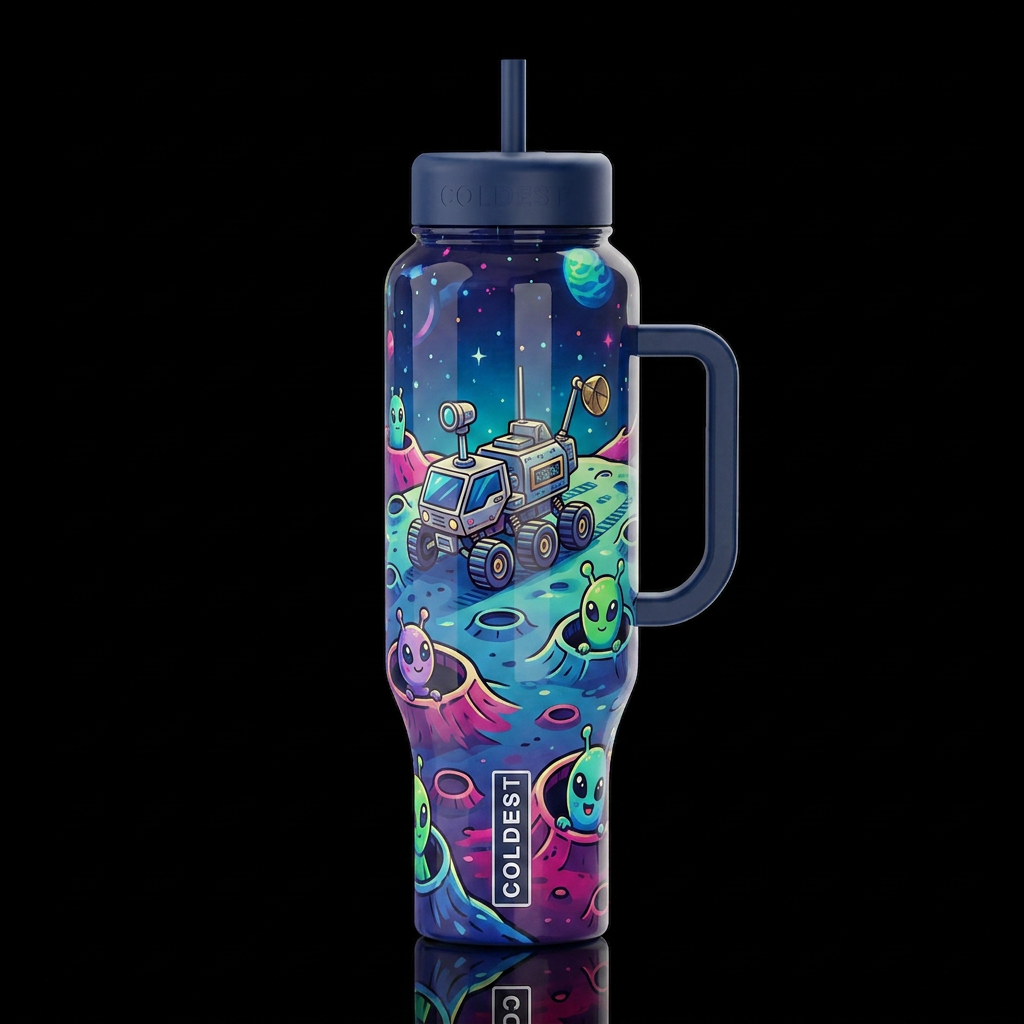 Cartoonish, rover on the moon, craters,glossy, tro... water bottle design