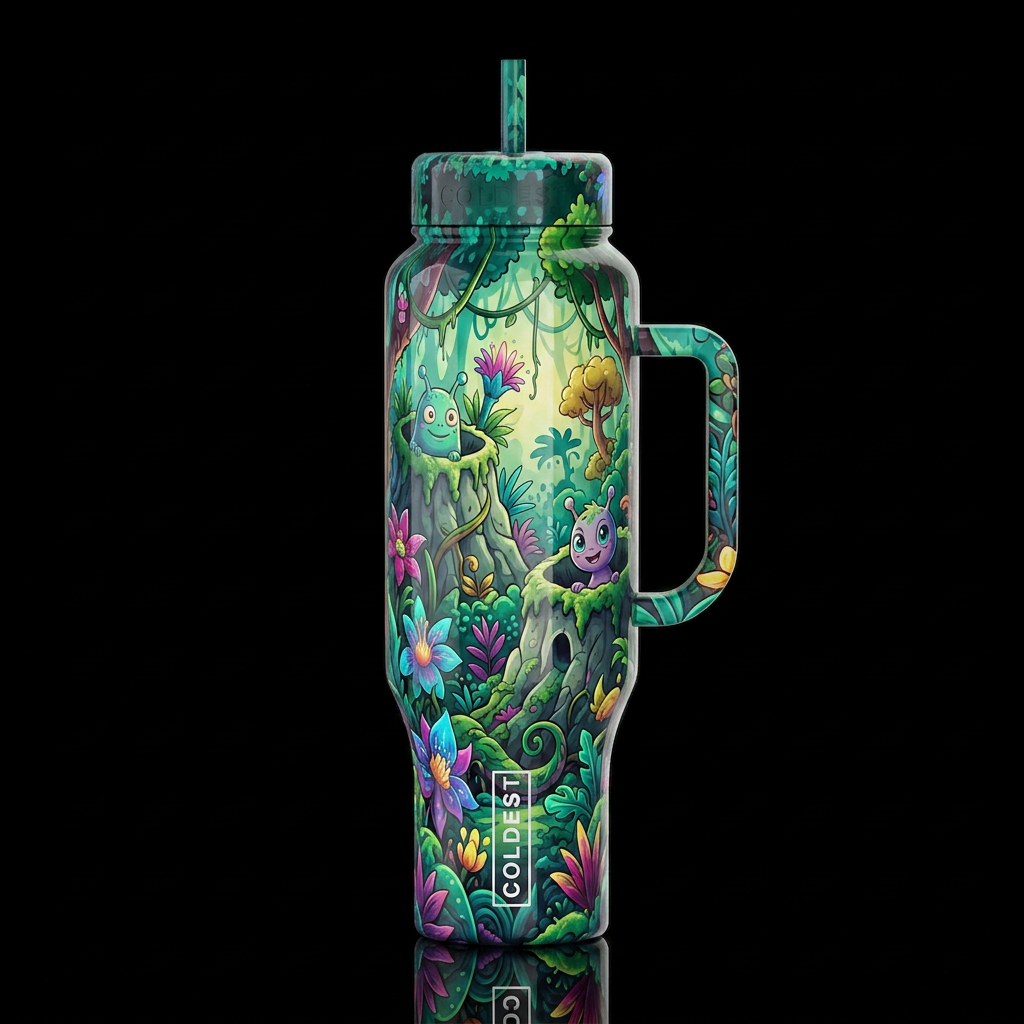 Cartoonish, rain forest,glossy, trompe-l'œil, beau... water bottle design