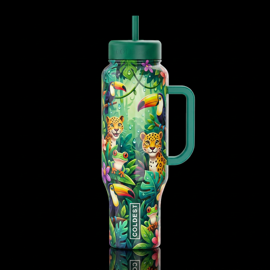 Cartoonish, rain forest,glossy, trompe-l'œil, beau... water bottle design