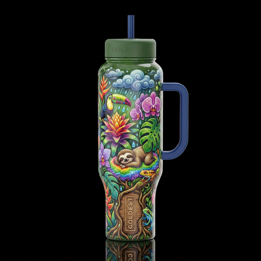 Cartoonish, rain forest,glossy, trompe-l'œil, beau... water bottle design