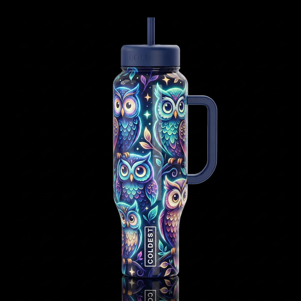 Cartoonish, dreamy eccentric, glossy, trompe-l'œil... water bottle design
