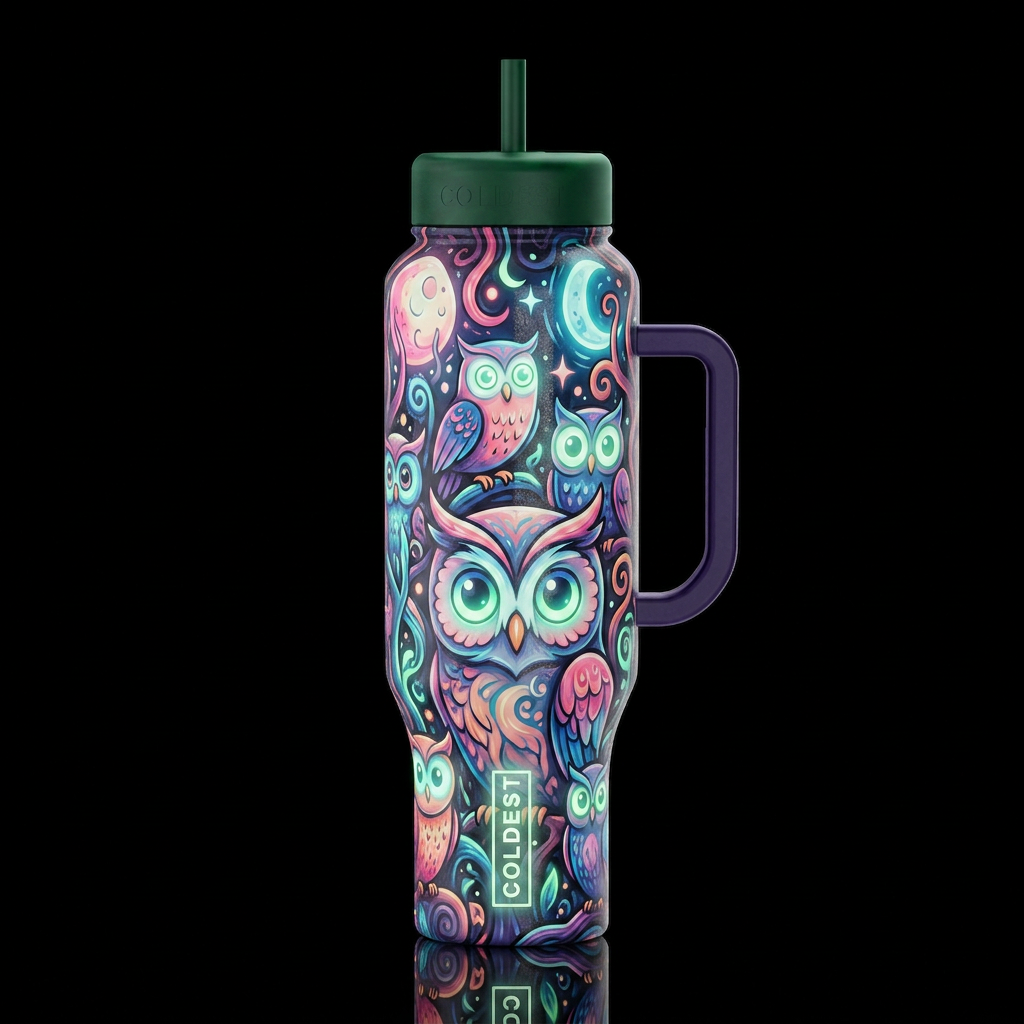 Cartoonish, dreamy eccentric, glossy, trompe-l'œil... water bottle design