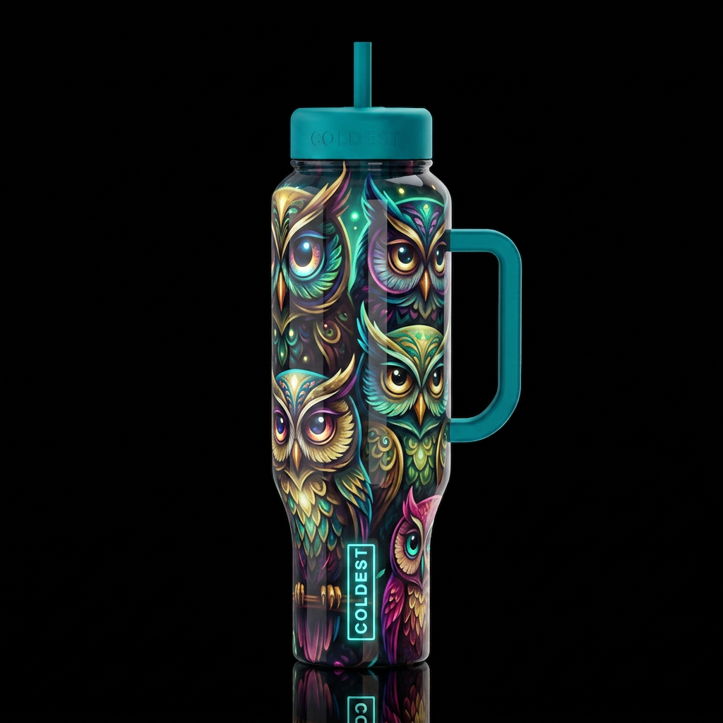 Cartoonish, dreamy eccentric, glossy, trompe-l'œil... water bottle design