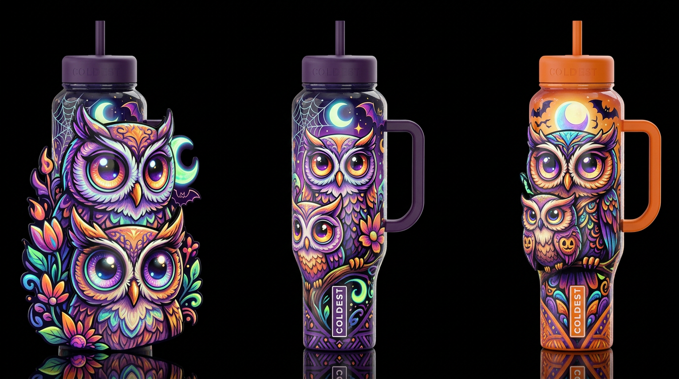 Cartoonish, dreamy eccentric, glossy, trompe-l'œil... water bottle design
