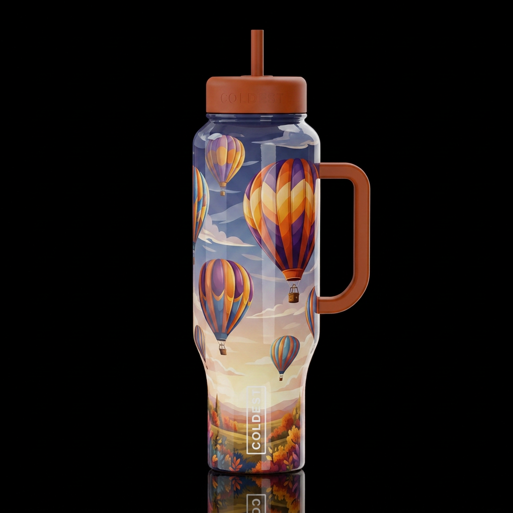Hot air balloons on a brisk fall evening, glossy, ... water bottle design