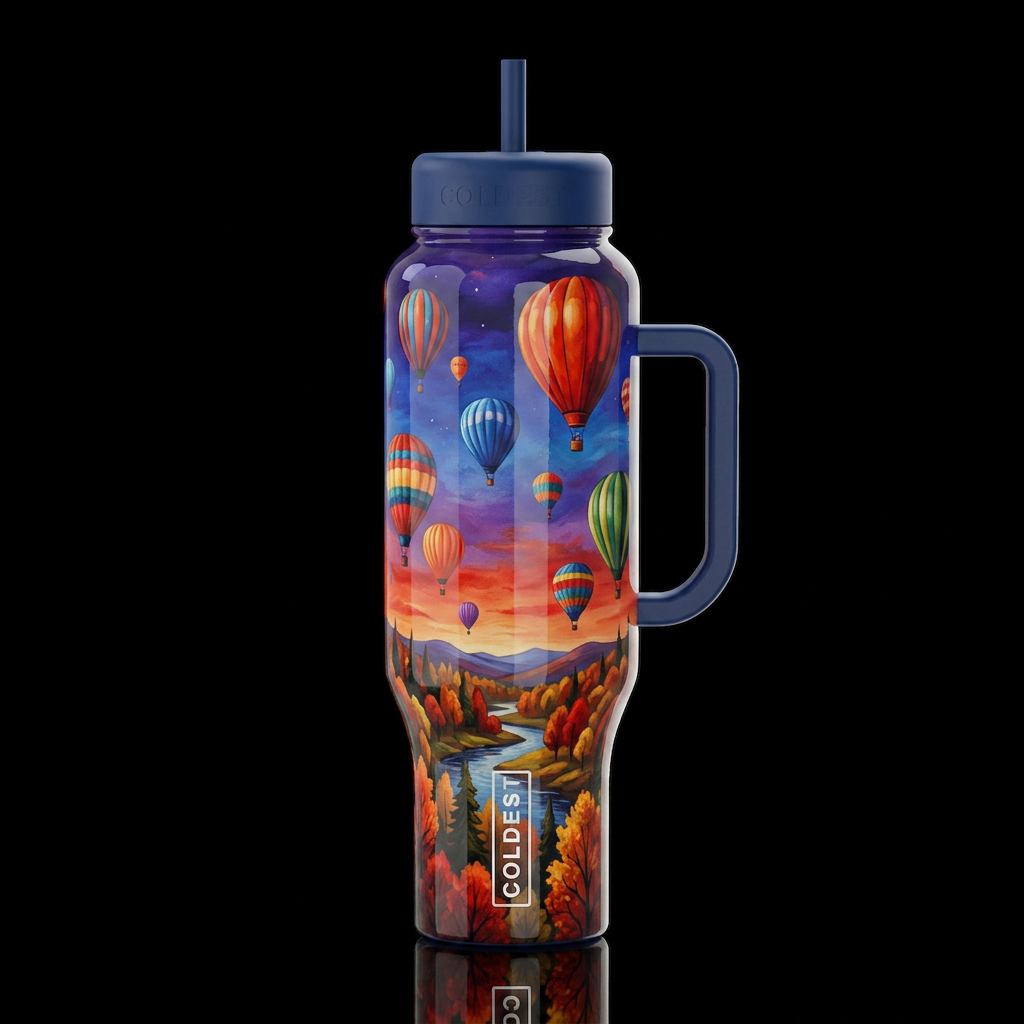 Hot air balloons on a brisk fall evening, glossy, ... water bottle design
