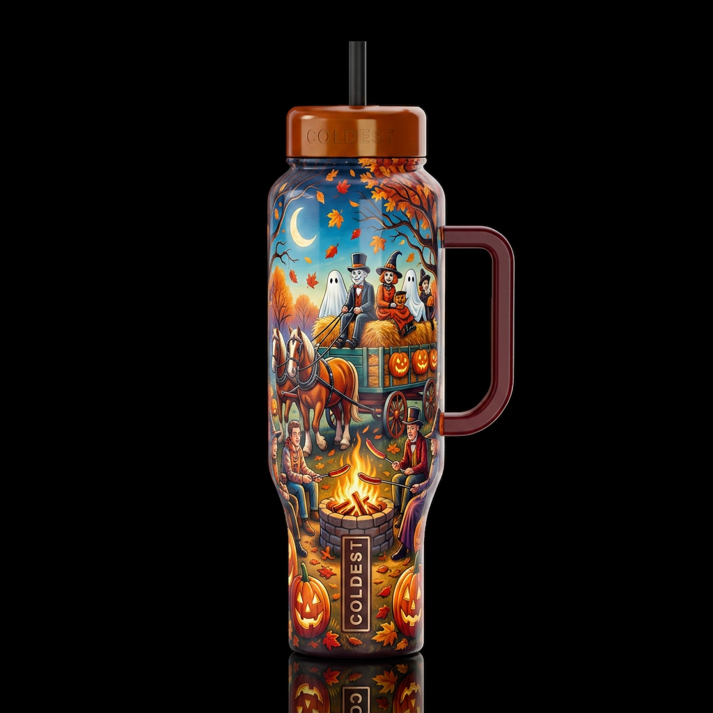 Weenie roast and hay rack ride on a brisk autumn e... water bottle design