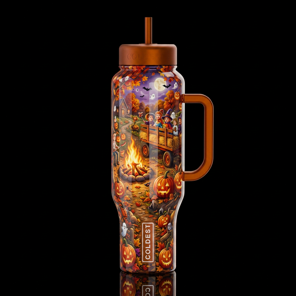 Weenie roast and hay rack ride on a brisk autumn e... water bottle design