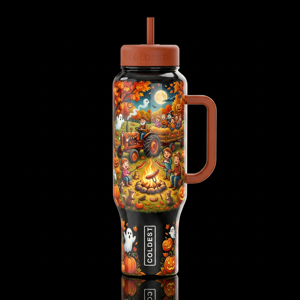 Weenie roast and hay rack ride on a brisk autumn e... water bottle design
