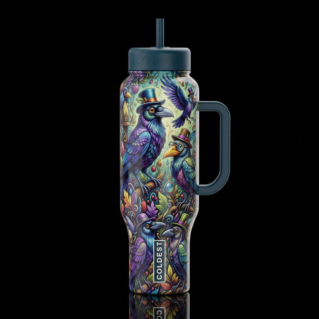 Whimsical crows, eccentric, glossy, trompe-l'œil, ... water bottle design