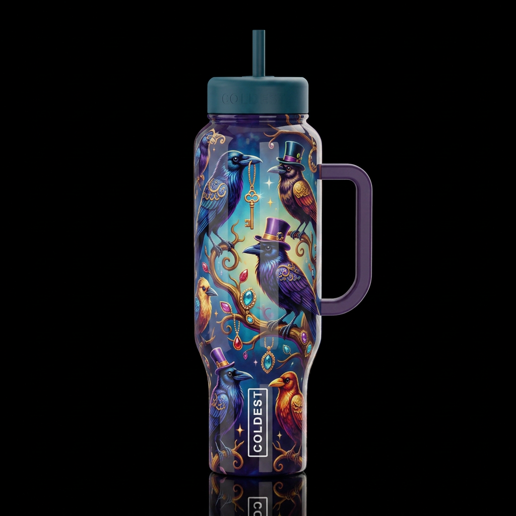 Whimsical crows, eccentric, glossy, trompe-l'œil, ... water bottle design