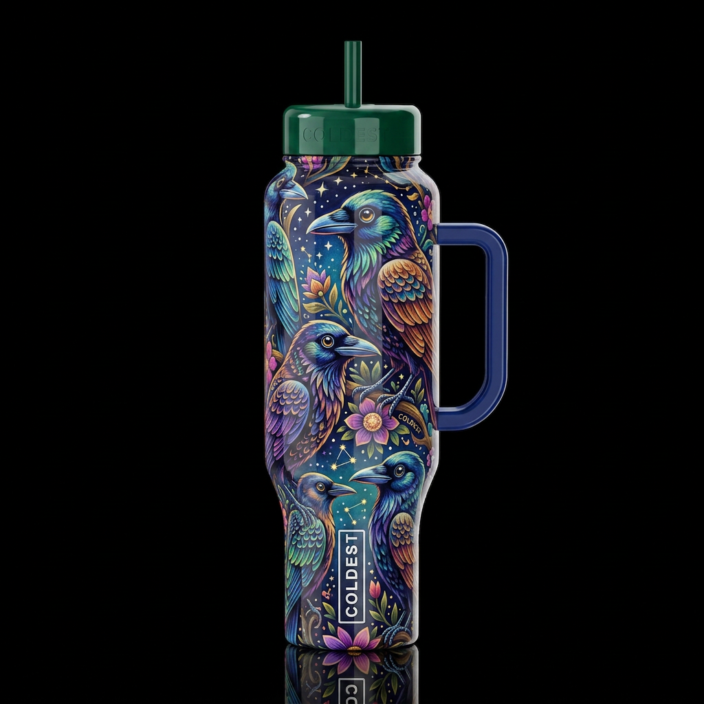 Whimsical crows, alluring, glossy, trompe-l'œil, b... water bottle design