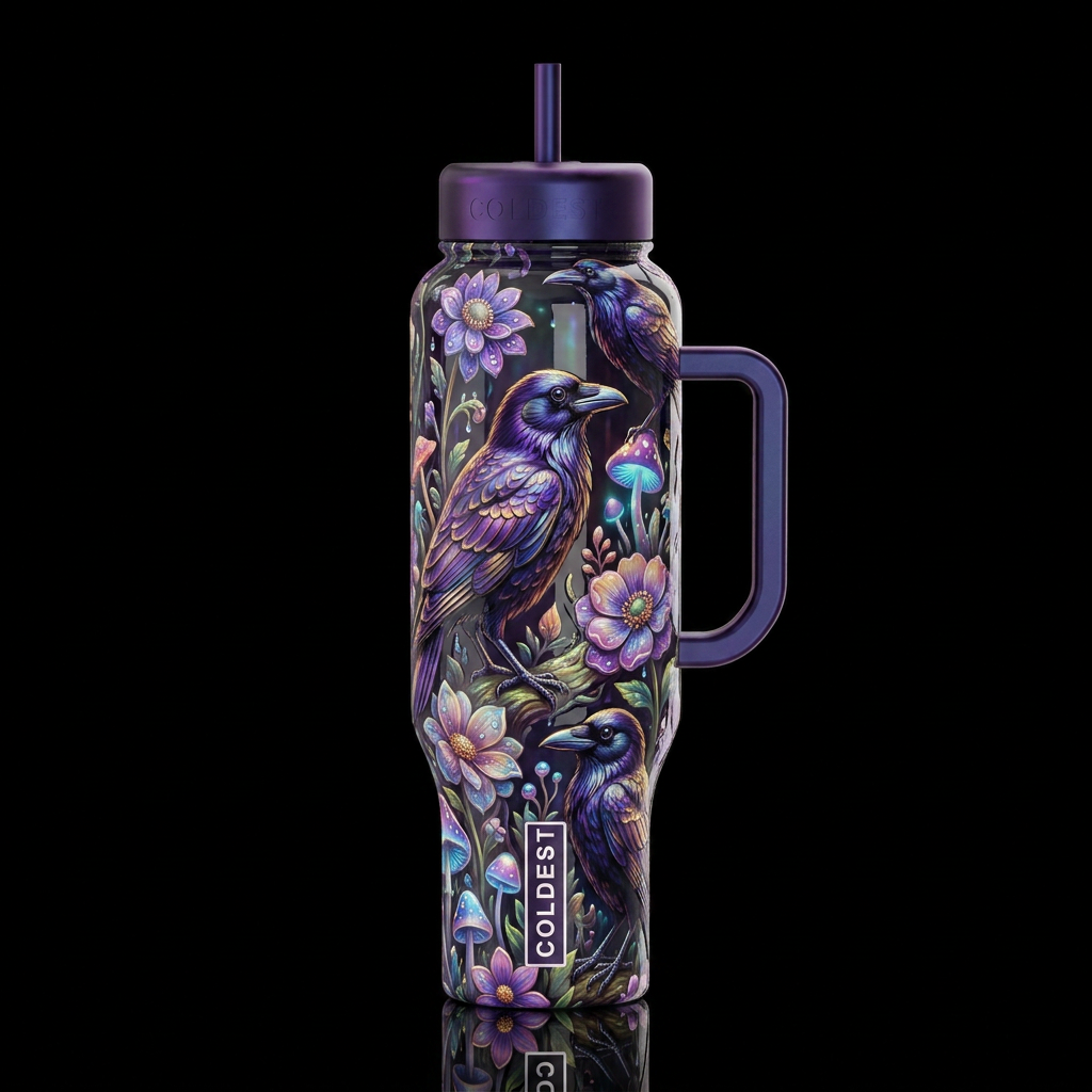 Whimsical crows, alluring, glossy, trompe-l'œil, b... water bottle design