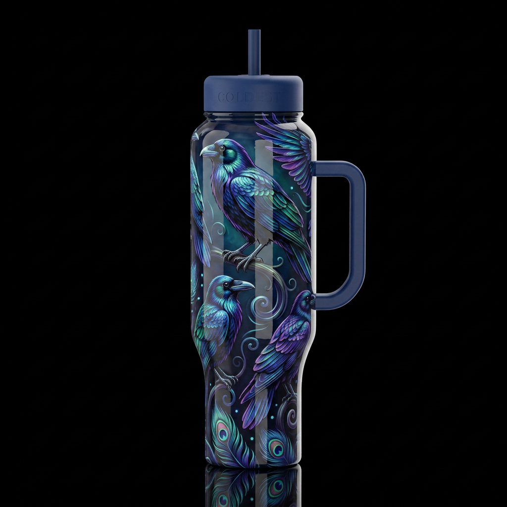 Whimsical ravens, alluring, glossy, trompe-l'œil, ... water bottle design