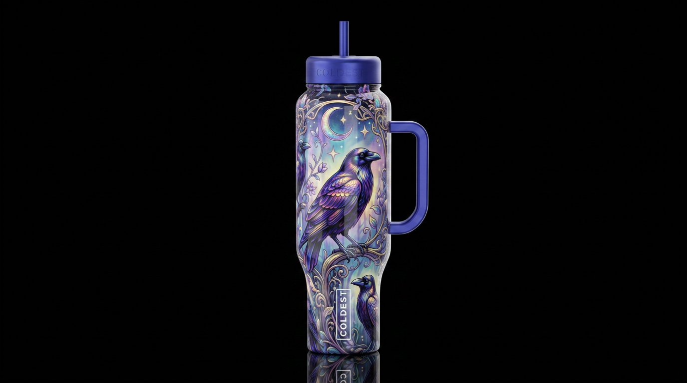 Whimsical ravens, alluring, glossy, trompe-l'œil, ... water bottle design