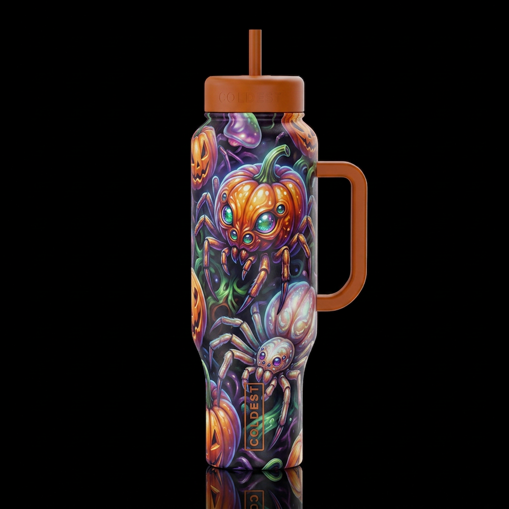 Mutant Halloween punpkin spiders, glossy, trompe-l... water bottle design