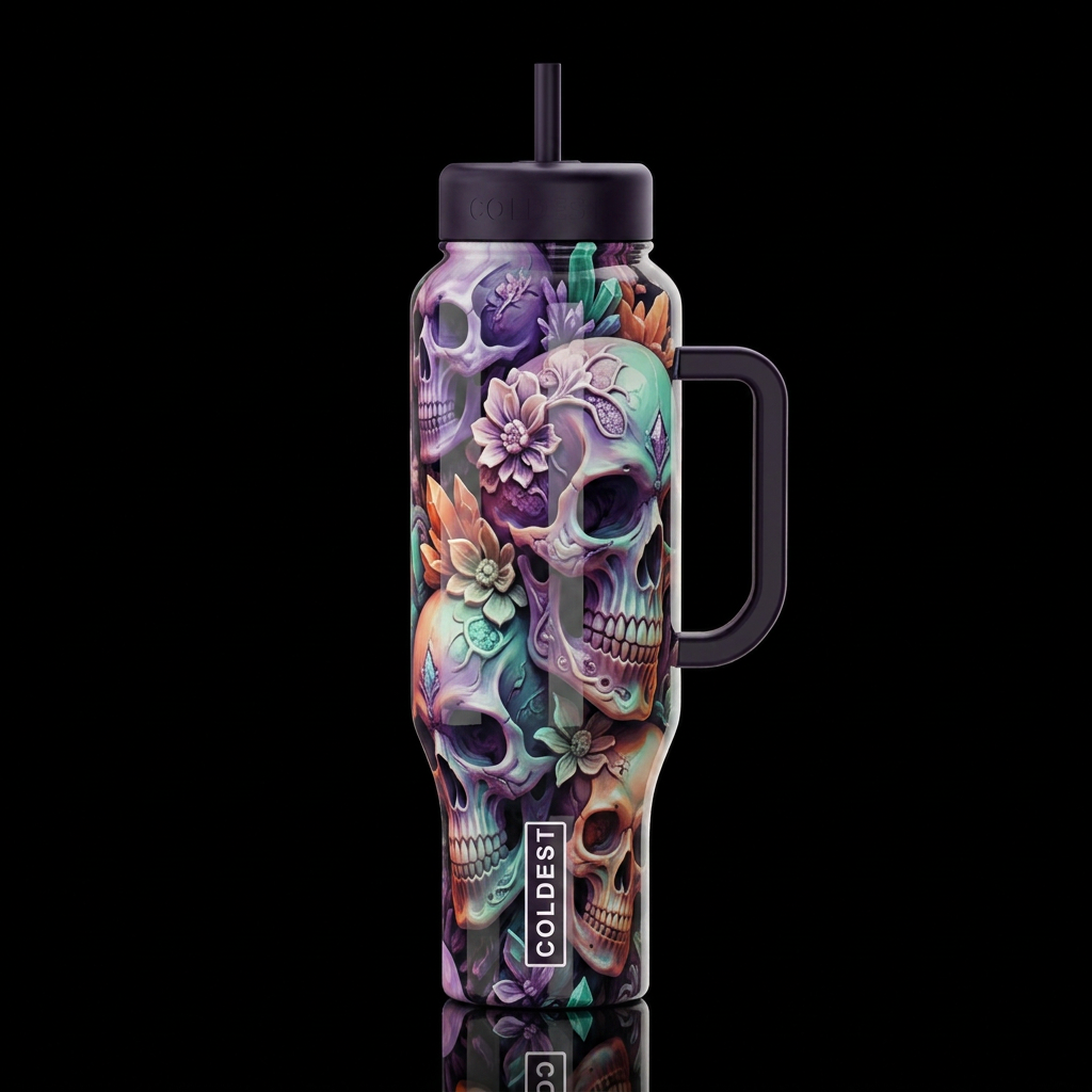 Mutated Halloween skulls, glossy, trompe-l'œil, be... water bottle design