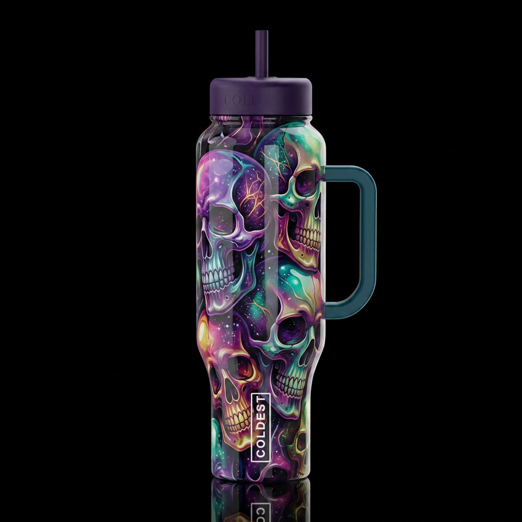 Mutated Halloween skulls, glossy, trompe-l'œil, be... water bottle design