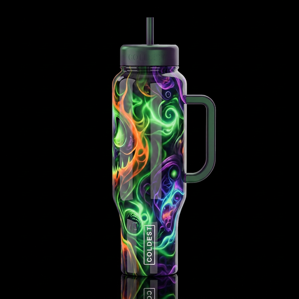 Mutated Halloween glows, glossy, trompe-l'œil, bea... water bottle design