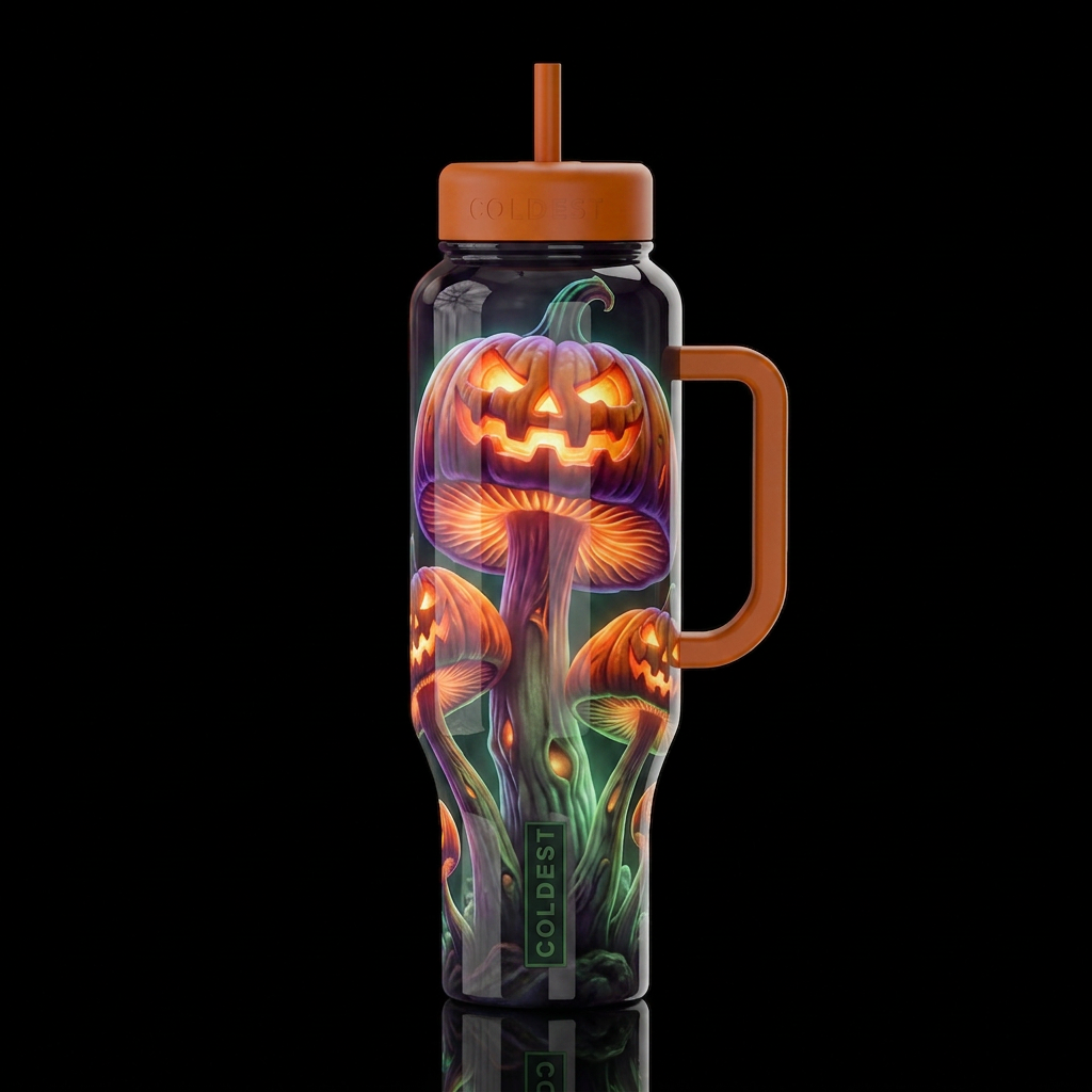 Mutated Halloween glowie pumpkin mushrooms, glossy... water bottle design
