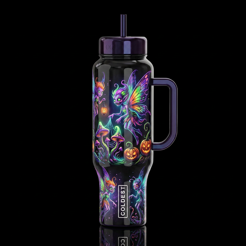 Mutated Halloween glowie faeries, glossy, trompe-l... water bottle design