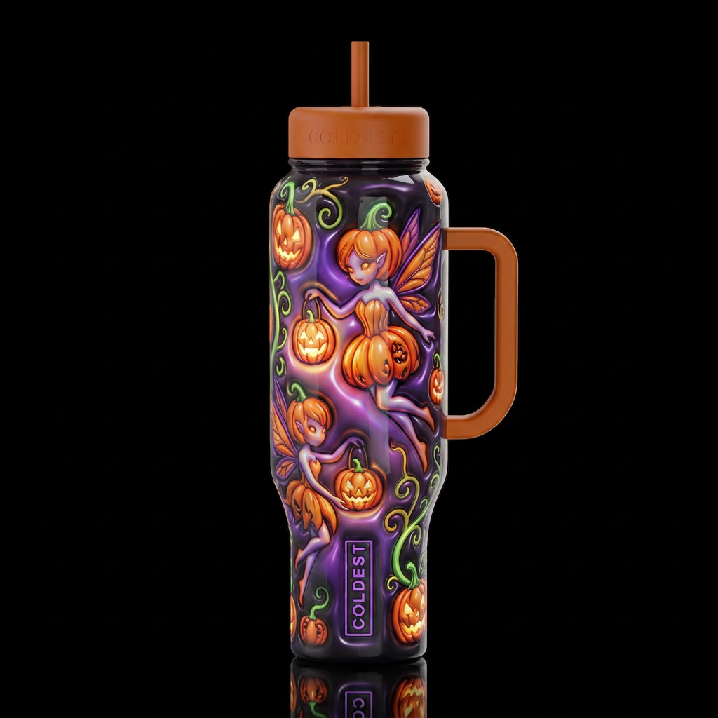 Mutated Halloween glowie pumpkin faeries with pump... water bottle design