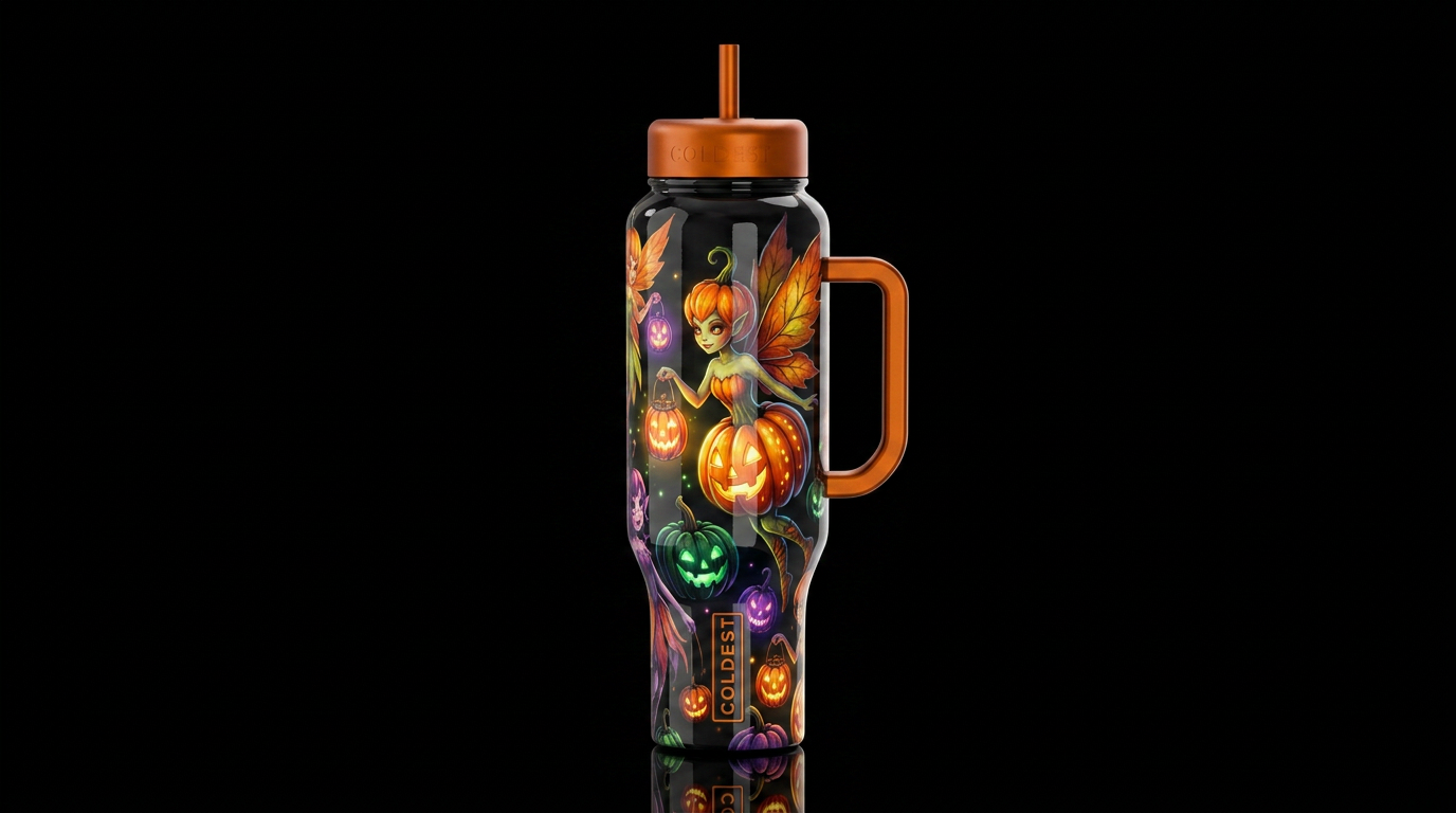 Mutated Halloween glowie pumpkin faeries with pump... water bottle design