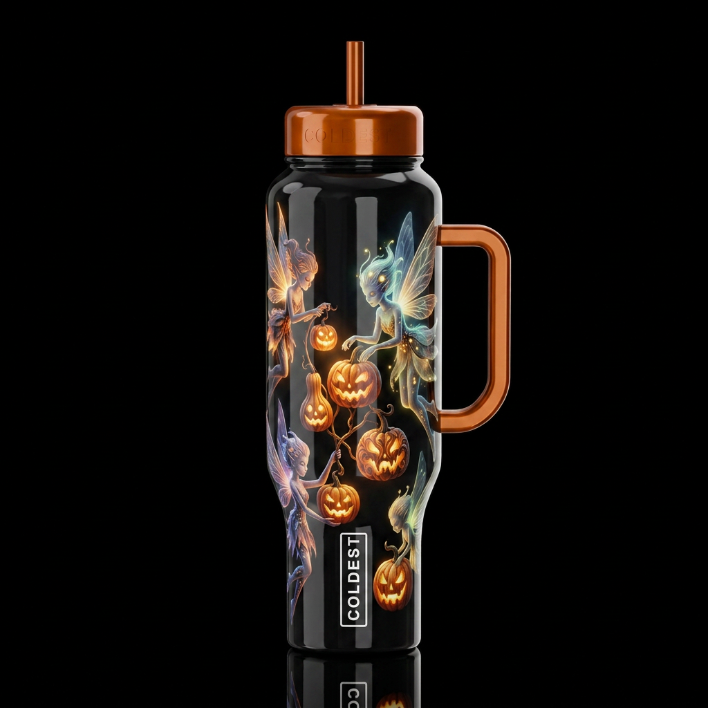 Mutated Halloween glowie pumpkin faeries with pump... water bottle design