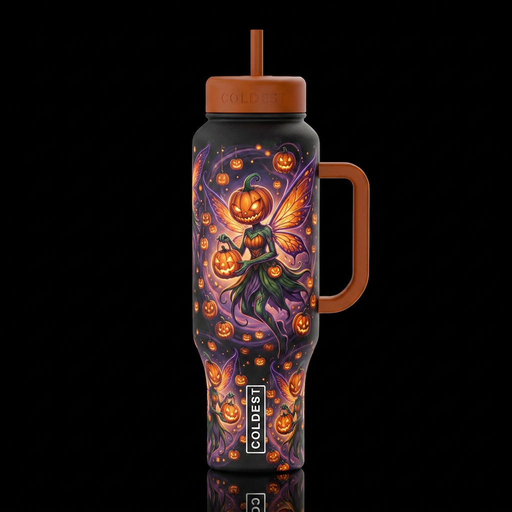 Mutated Halloween glowie pumpkin faeries with pump... water bottle design
