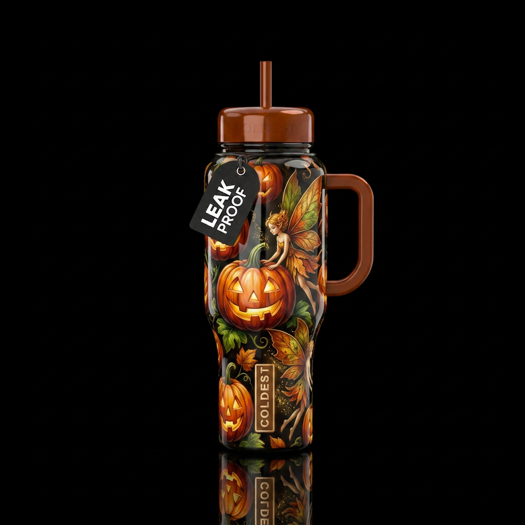Halloween pumpkin lanterns, faeries with leaf wing... water bottle design