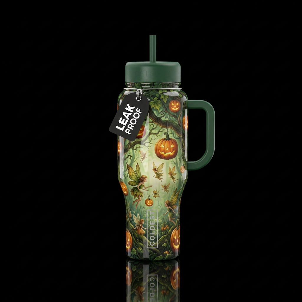 Halloween pumpkin lanterns, faeries with leaf wing... water bottle design