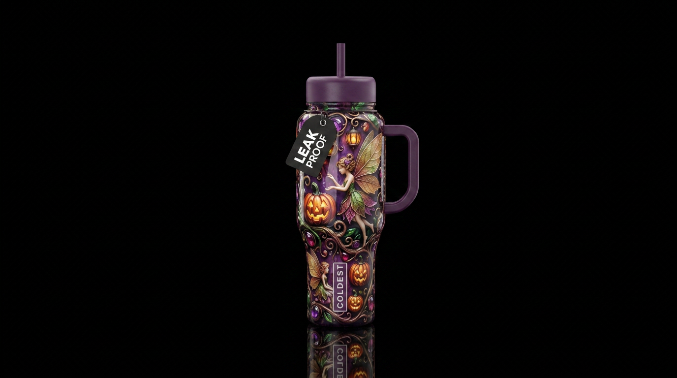 Halloween pumpkin lanterns, faeries with leaf wing... water bottle design