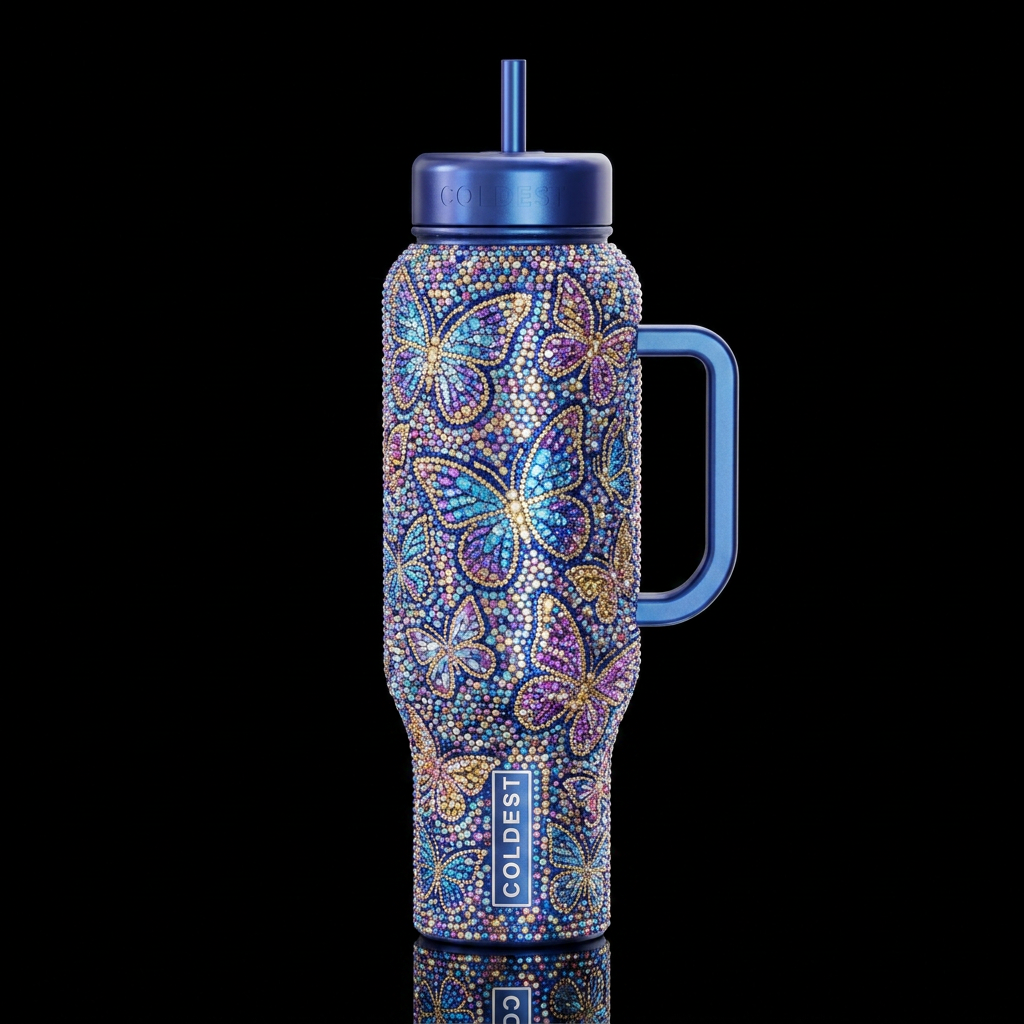 Rhinestone butterflies, glossy, trompe-l'œil, beau... water bottle design