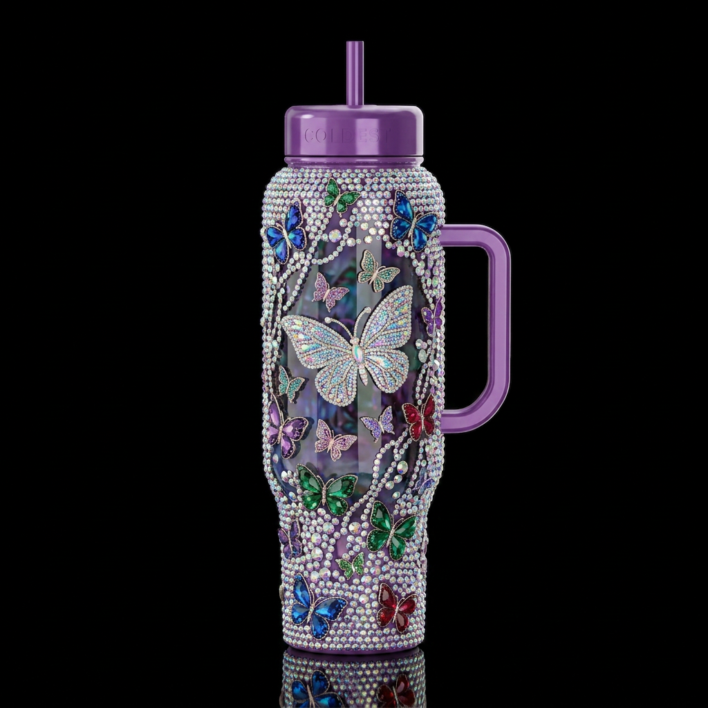 Rhinestones and butterflies, glossy, trompe-l'œil,... water bottle design