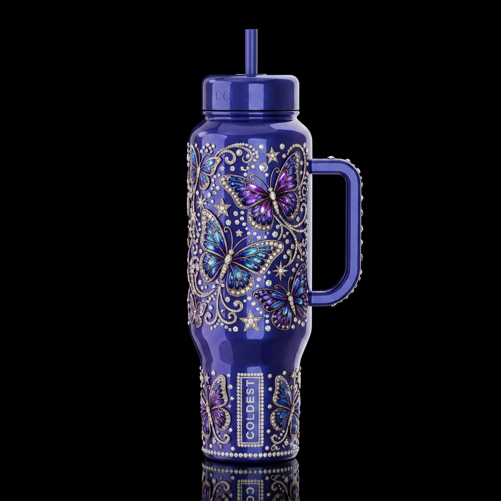 Rhinestones and butterflies, glossy, trompe-l'œil,... water bottle design